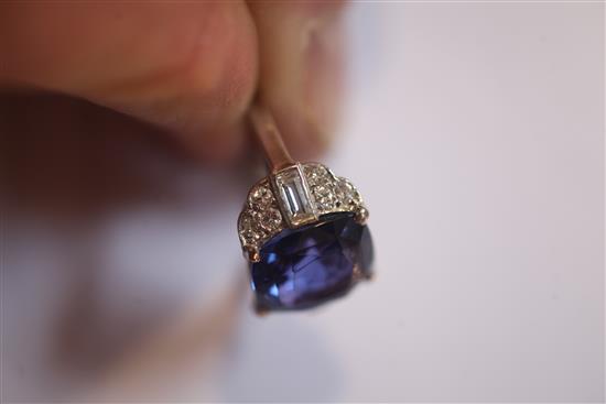 An attractive 1950s platinum, sapphire and diamond set dress ring, size J.